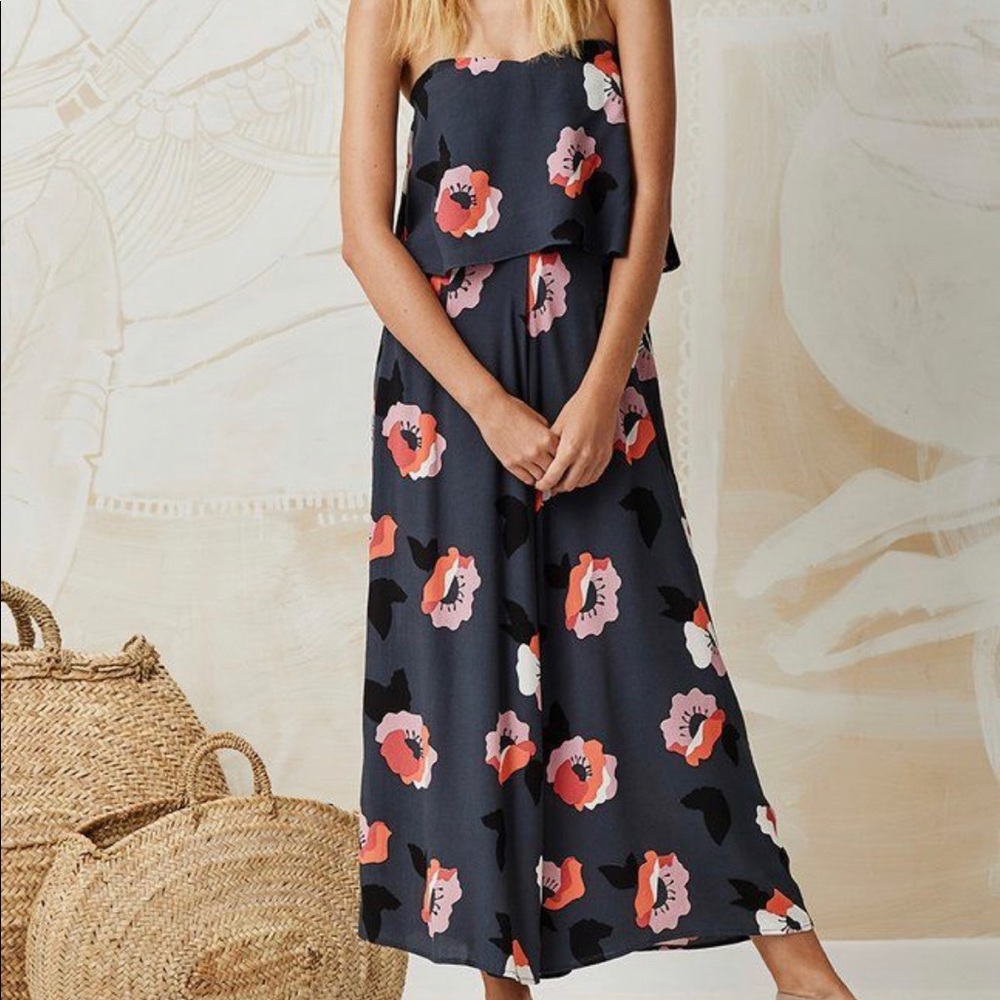 Mister Zimi Navy Floral Strapless Jumpsuit with Pink & Coral Blooms
